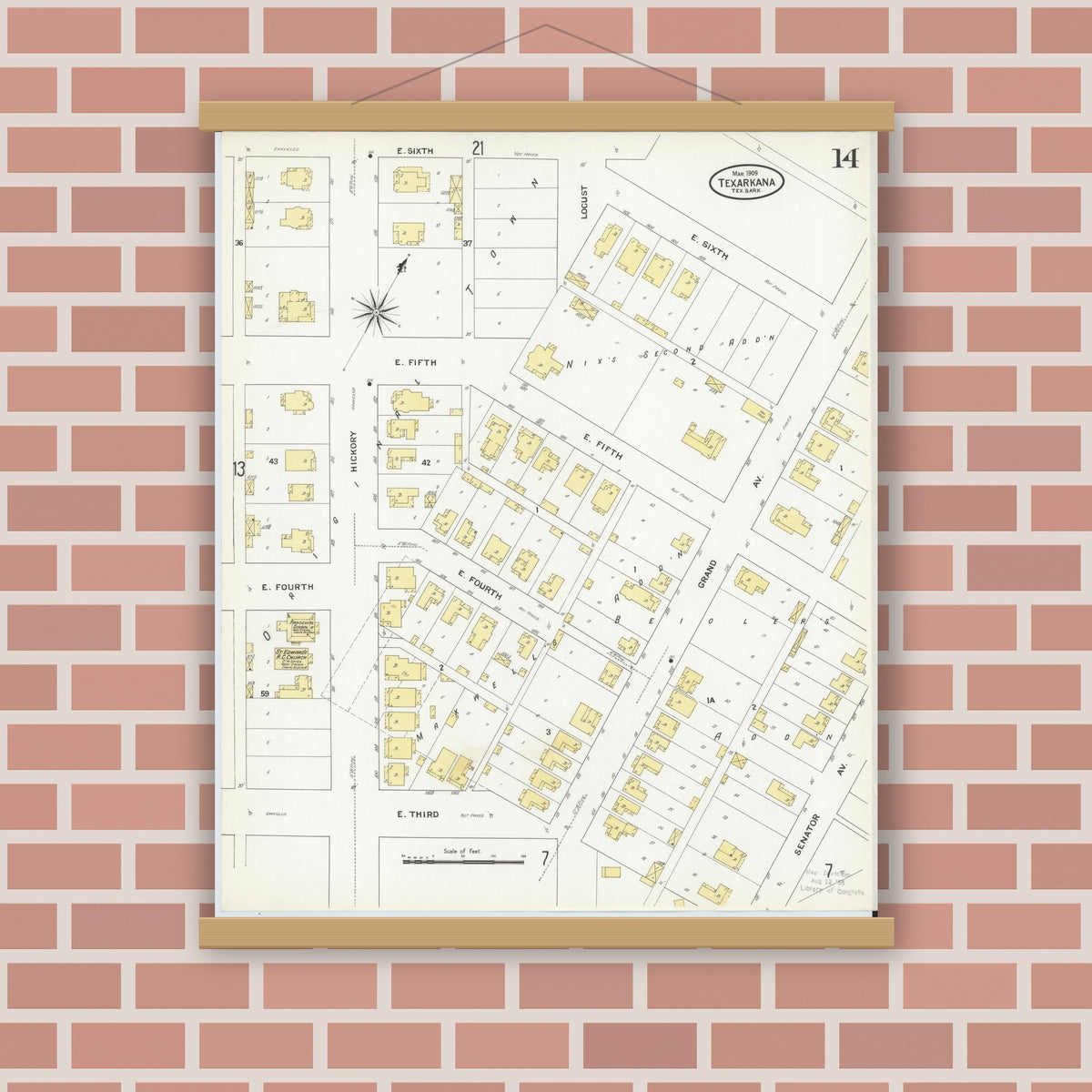 Old map wall art mockup — magnetic wood frame on brick wall — Sanborn Fire Insurance Map from Texarkana, Bowie County, Texas (1909), Sheet #0014