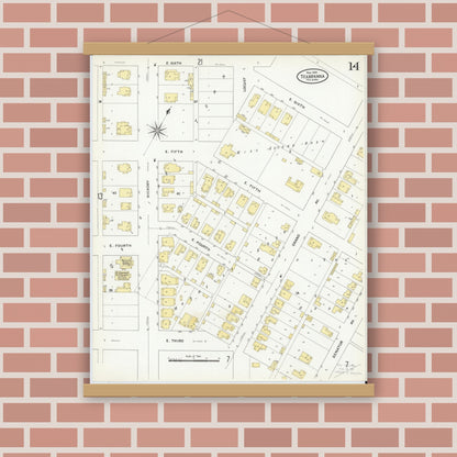 Old map wall art mockup — magnetic wood frame on brick wall — Sanborn Fire Insurance Map from Texarkana, Bowie County, Texas (1909), Sheet #0014