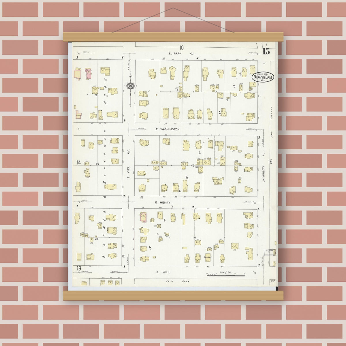 Old map wall art mockup — magnetic wood frame on brick wall — Sanborn Fire Insurance Map from Beaver Dam, Dodge County, Wisconsin (1914), Sheet #0015
