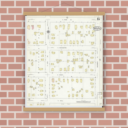 Old map wall art mockup — magnetic wood frame on brick wall — Sanborn Fire Insurance Map from Beaver Dam, Dodge County, Wisconsin (1914), Sheet #0015