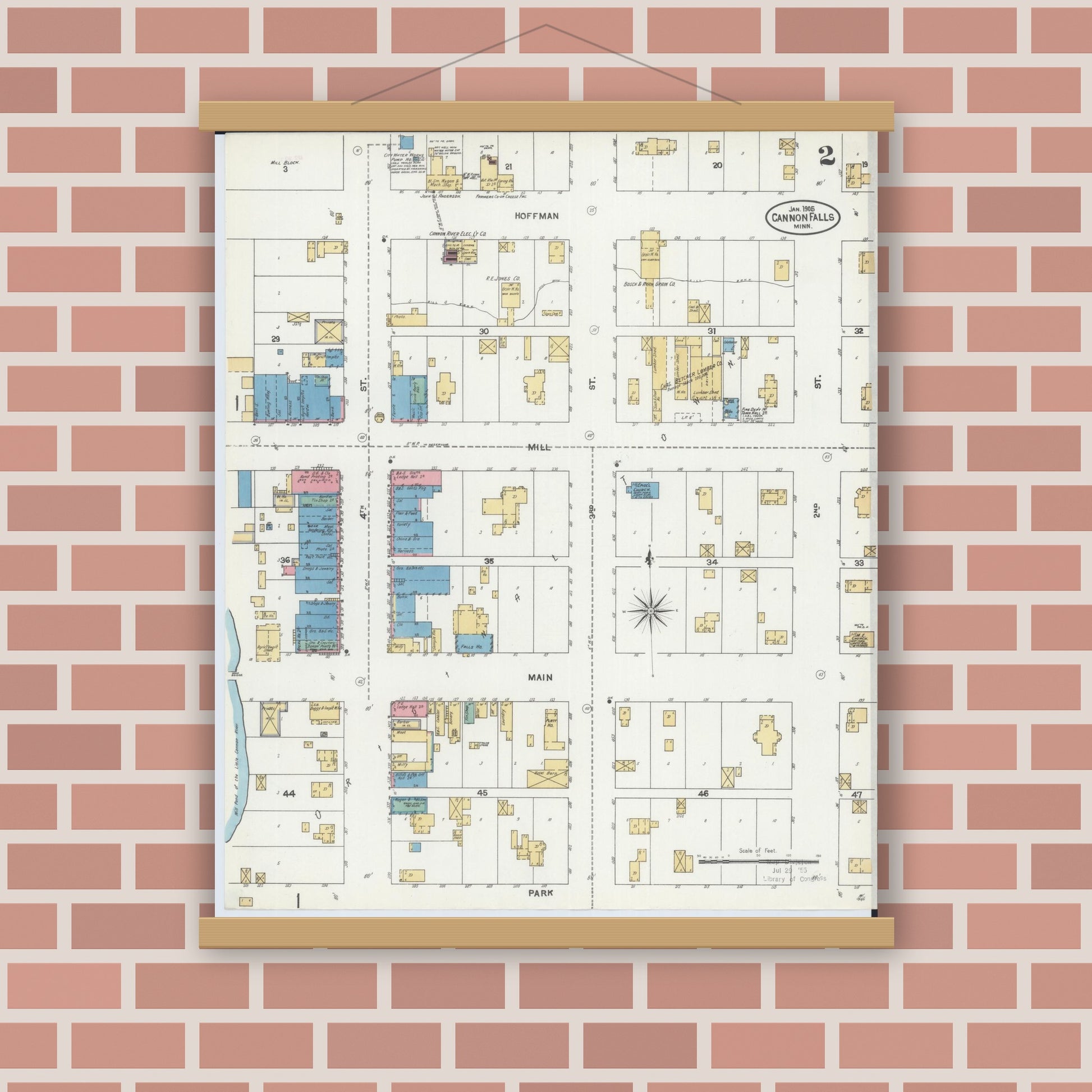 Old map wall art mockup — magnetic wood frame on brick wall — Sanborn Fire Insurance Map from Cannon Falls, Goodhue County, Minnesota (1905), Sheet #0002