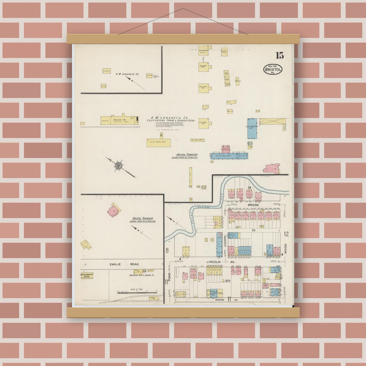 Old map wall art mockup — magnetic wood frame on brick wall — Sanborn Fire Insurance Map from Bristol, Bucks County, Pennsylvania (1915), Sheet #0015