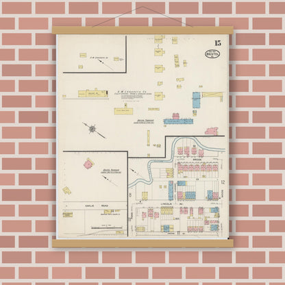 Old map wall art mockup — magnetic wood frame on brick wall — Sanborn Fire Insurance Map from Bristol, Bucks County, Pennsylvania (1915), Sheet #0015