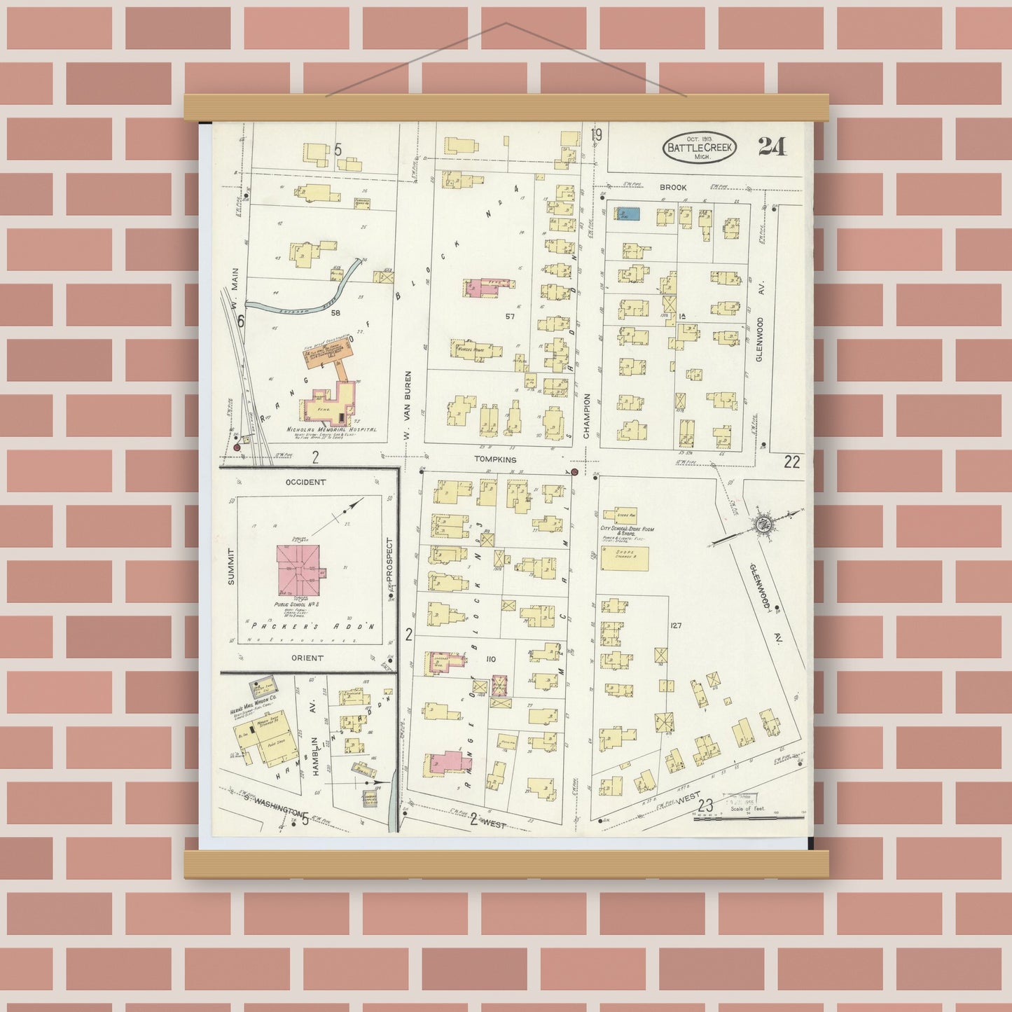 Old map wall art mockup — magnetic wood frame on brick wall — Sanborn Fire Insurance Map from Battle Creek, Calhoun County, Michigan (1913), Sheet #0024
