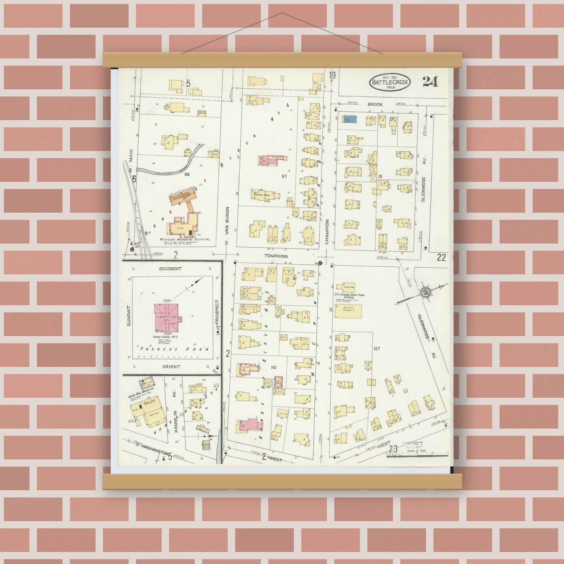 Old map wall art mockup — magnetic wood frame on brick wall — Sanborn Fire Insurance Map from Battle Creek, Calhoun County, Michigan (1913), Sheet #0024