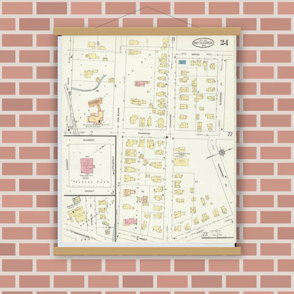 Old map wall art mockup — magnetic wood frame on brick wall — Sanborn Fire Insurance Map from Battle Creek, Calhoun County, Michigan (1913), Sheet #0024