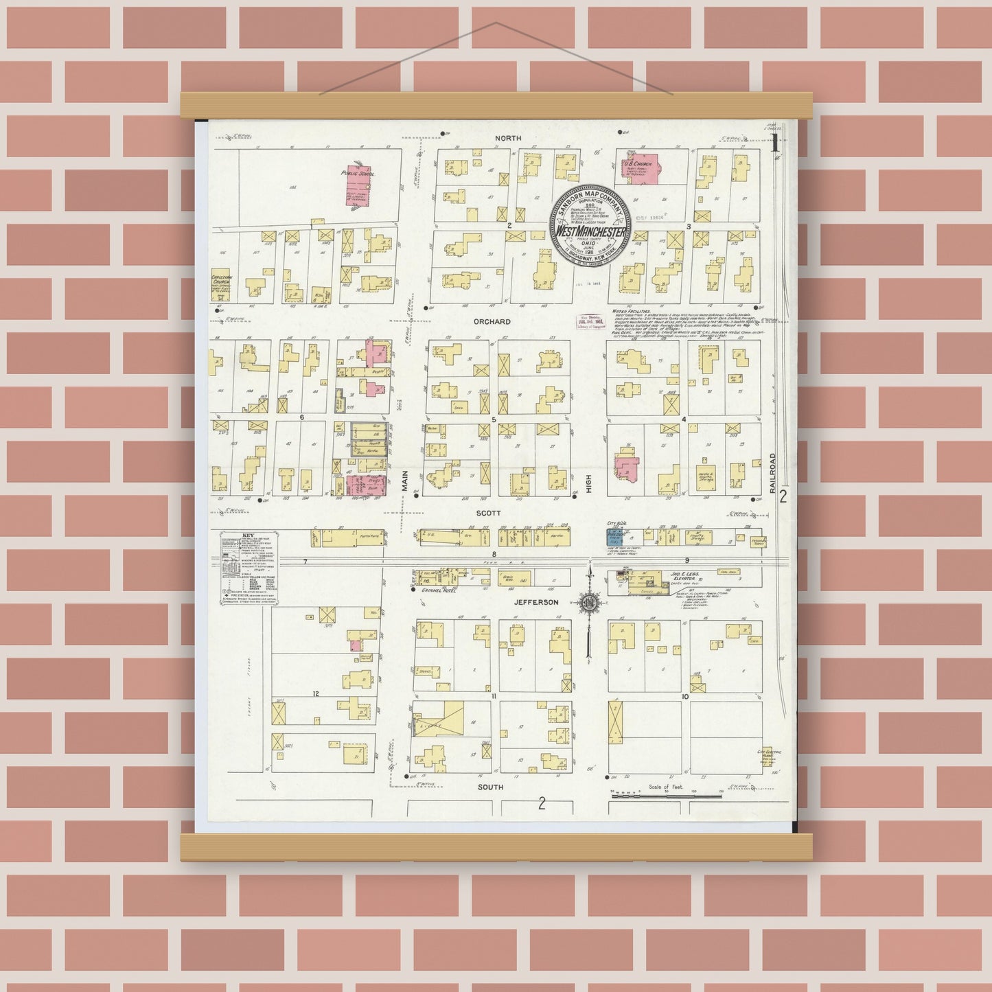 Old map wall art mockup — magnetic wood frame on brick wall — Sanborn Fire Insurance Map from West Manchester, Preble County, Ohio (1911) - Complete Map Set