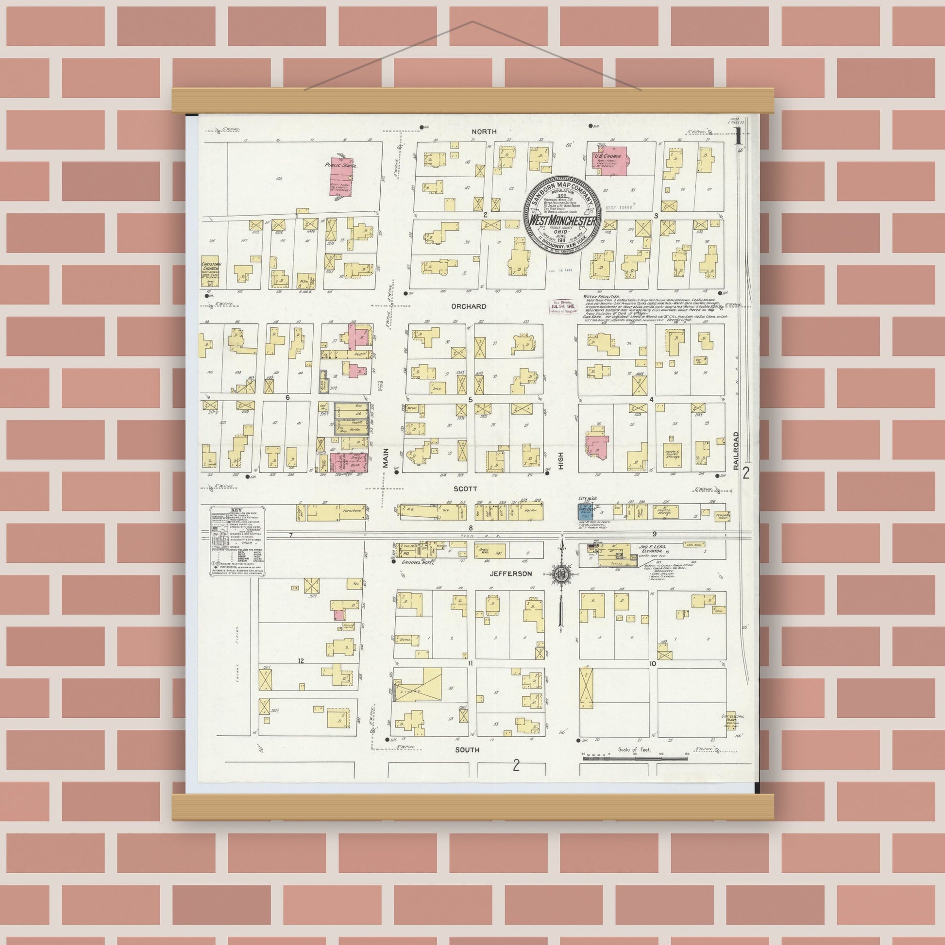Old map wall art mockup — magnetic wood frame on brick wall — Sanborn Fire Insurance Map from West Manchester, Preble County, Ohio (1911) - Complete Map Set