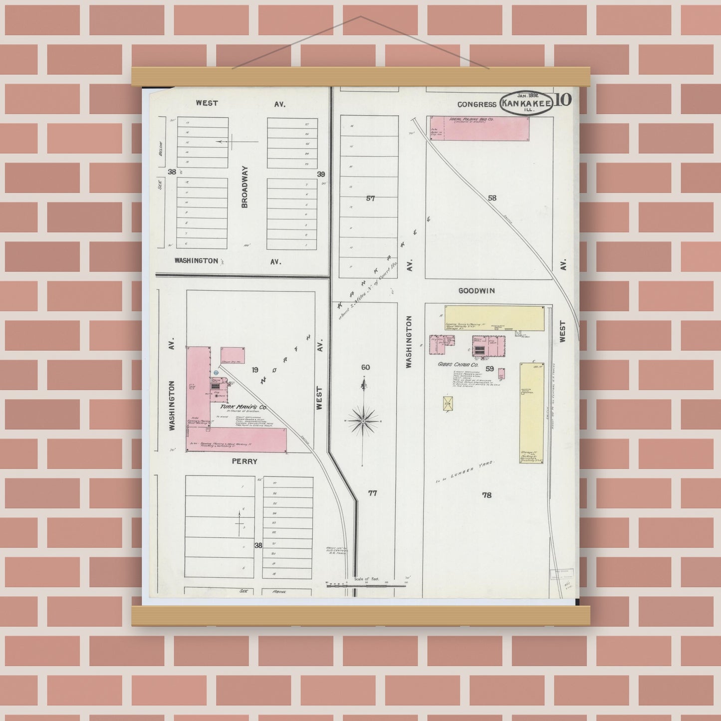 Old map wall art mockup — magnetic wood frame on brick wall — Sanborn Fire Insurance Map from Kankakee, Kankakee County, Illinois (1892), Sheet #0010