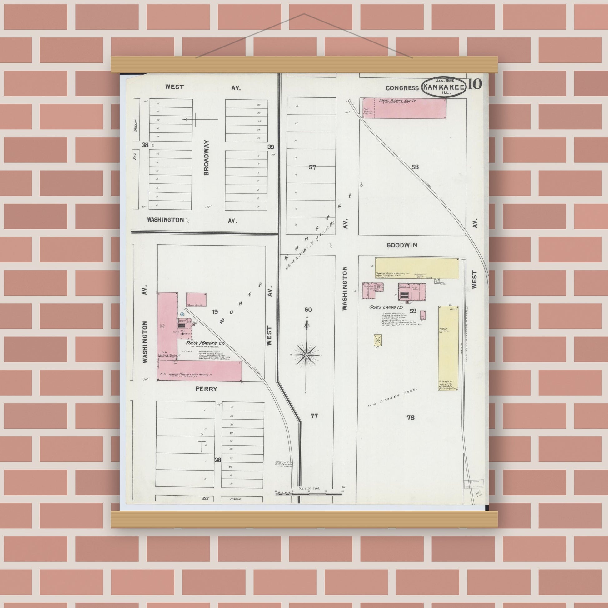 Old map wall art mockup — magnetic wood frame on brick wall — Sanborn Fire Insurance Map from Kankakee, Kankakee County, Illinois (1892), Sheet #0010
