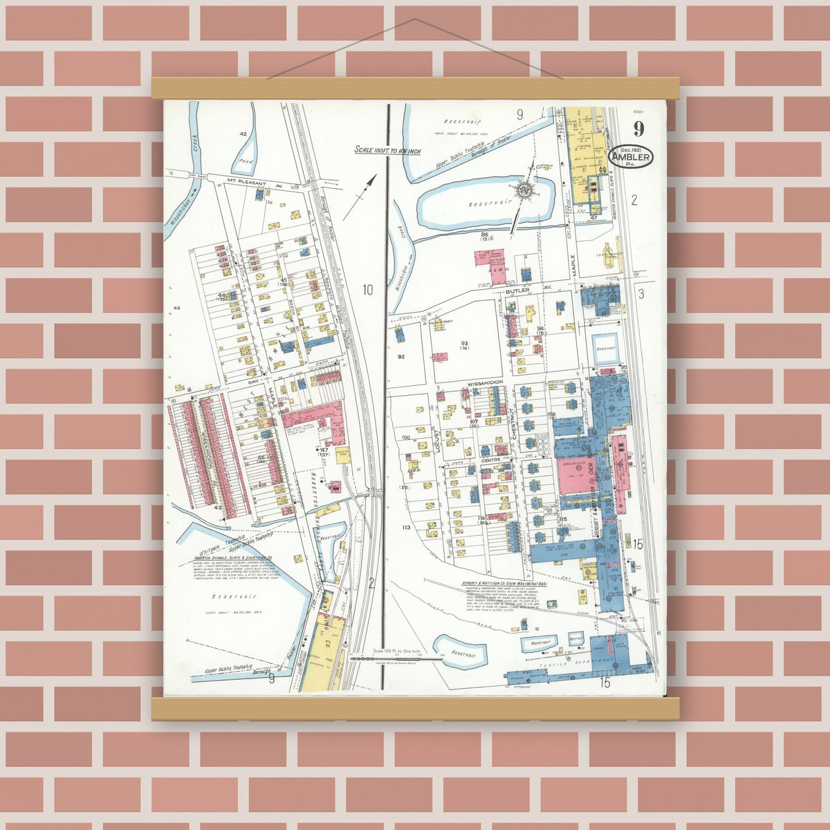 Old map wall art mockup — magnetic wood frame on brick wall — Sanborn Fire Insurance Map from Ambler, Montgomery County, Pennsylvania (1921), Sheet #0009