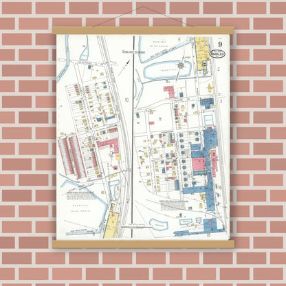Old map wall art mockup — magnetic wood frame on brick wall — Sanborn Fire Insurance Map from Ambler, Montgomery County, Pennsylvania (1921), Sheet #0009
