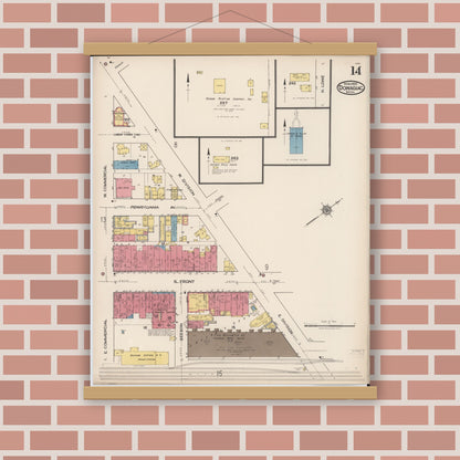 Old map wall art mockup — magnetic wood frame on brick wall — Sanborn Fire Insurance Map from Dowagiac, Cass County, Michigan (1922), Sheet #0014