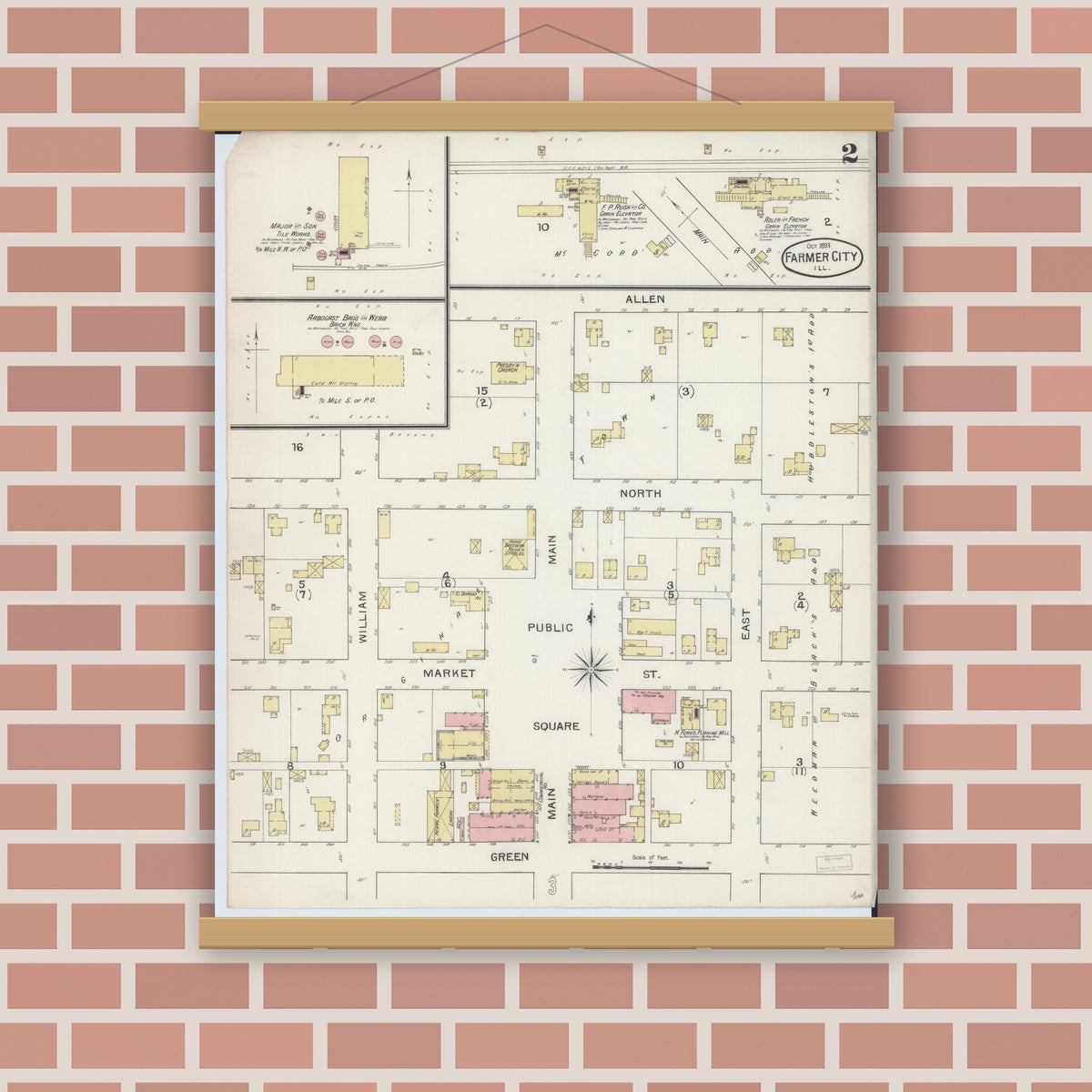 Old map wall art mockup — magnetic wood frame on brick wall — Sanborn Fire Insurance Map from Farmer City, De Witt County, Illinois (1893), Sheet #0002
