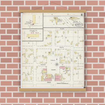 Old map wall art mockup — magnetic wood frame on brick wall — Sanborn Fire Insurance Map from Farmer City, De Witt County, Illinois (1893), Sheet #0002