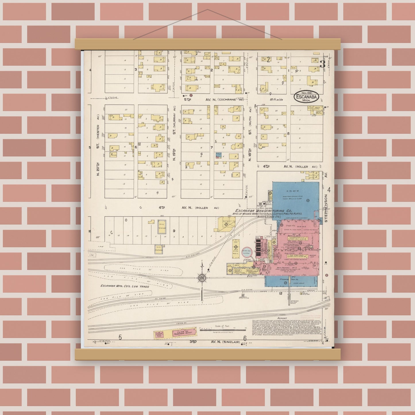 Old map wall art mockup — magnetic wood frame on brick wall — Sanborn Fire Insurance Map from Escanaba, Delta County, Michigan (1921), Sheet #0003