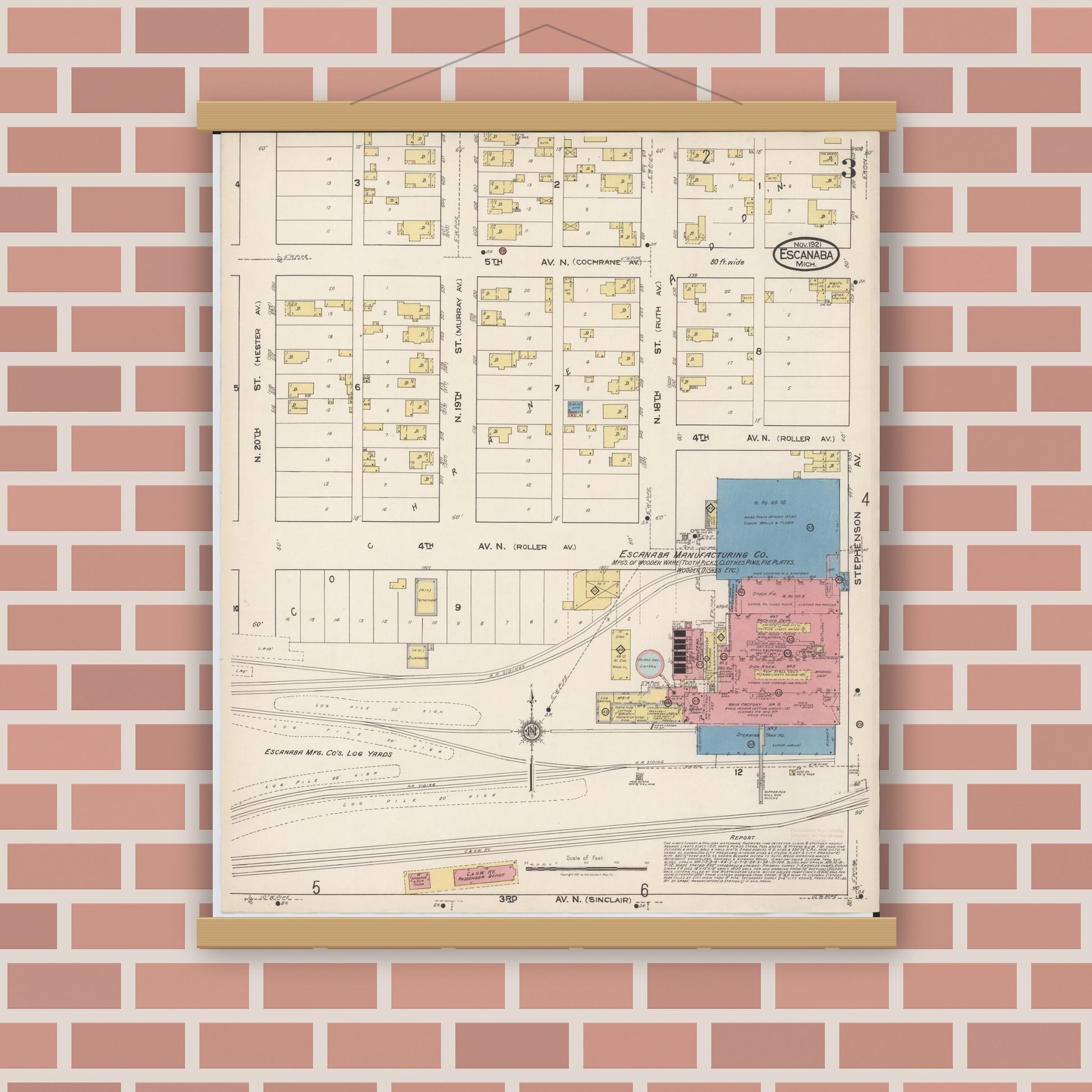Old map wall art mockup — magnetic wood frame on brick wall — Sanborn Fire Insurance Map from Escanaba, Delta County, Michigan (1921), Sheet #0003