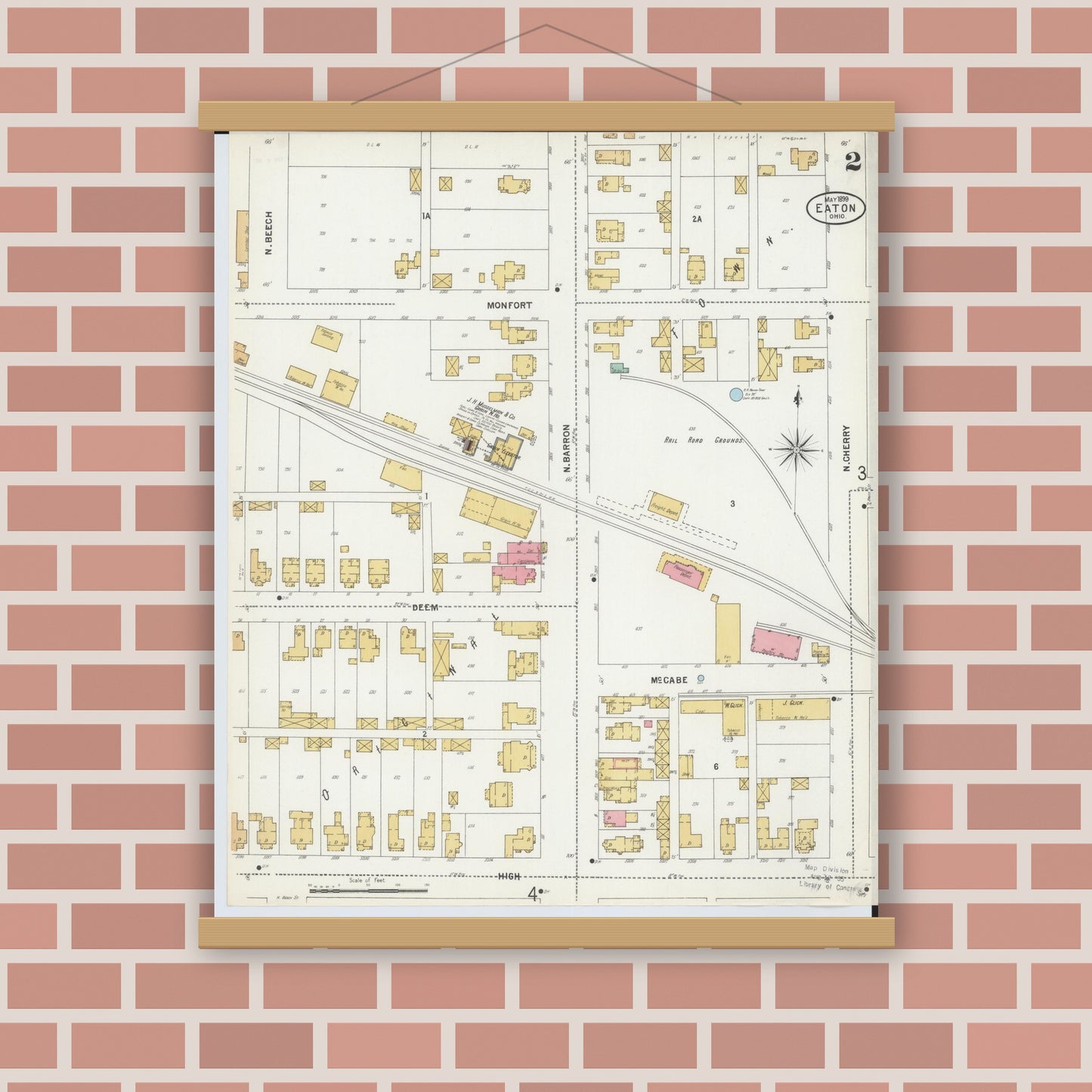 Old map wall art mockup — magnetic wood frame on brick wall — Sanborn Fire Insurance Map from Eaton, Preble County, Ohio (1899), Sheet #0002