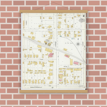 Old map wall art mockup — magnetic wood frame on brick wall — Sanborn Fire Insurance Map from Eaton, Preble County, Ohio (1899), Sheet #0002