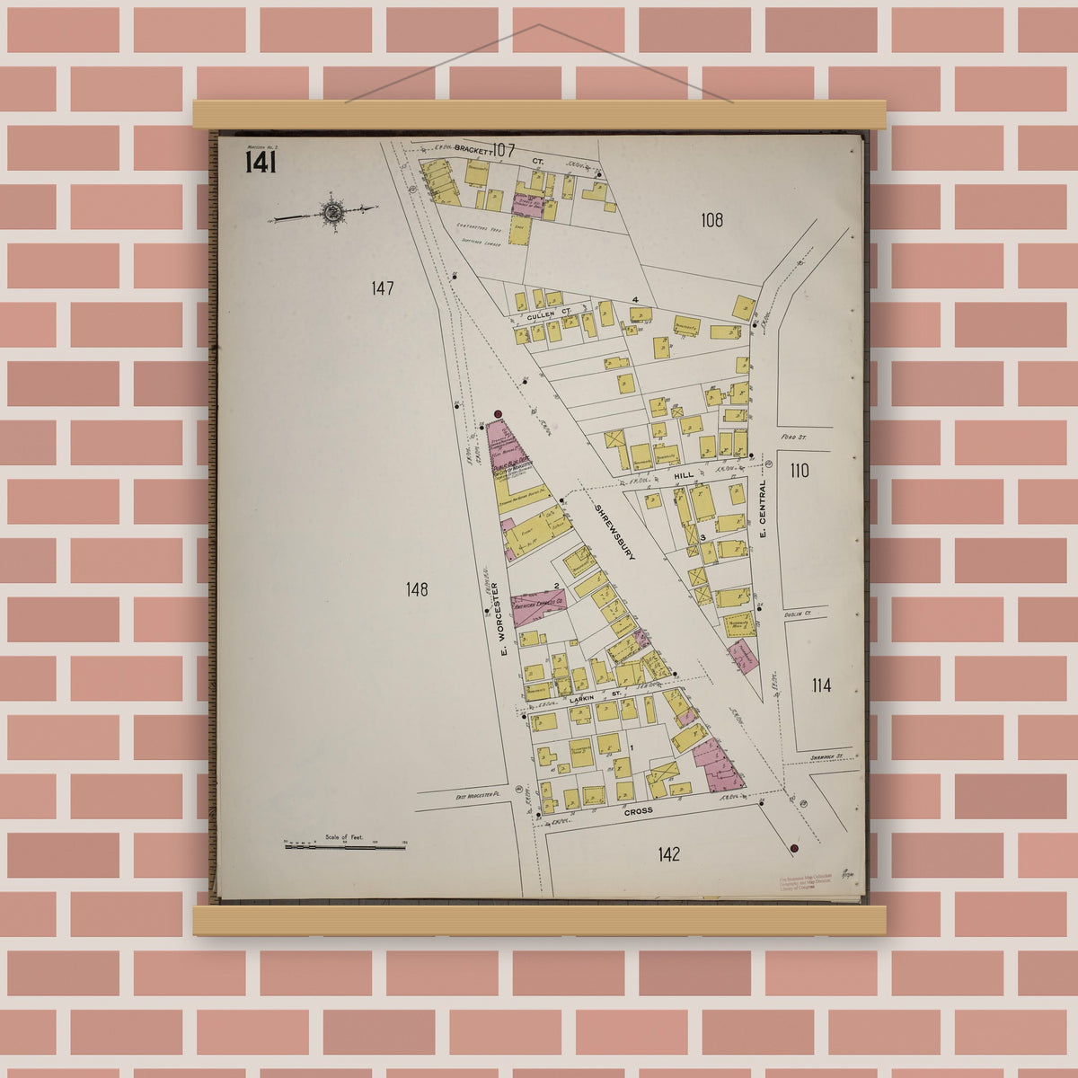 Old map wall art mockup — magnetic wood frame on brick wall — Sanborn Fire Insurance Map from Worcester, Worcester County, Massachusetts (1910), Sheet #0141