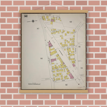 Old map wall art mockup — magnetic wood frame on brick wall — Sanborn Fire Insurance Map from Worcester, Worcester County, Massachusetts (1910), Sheet #0141
