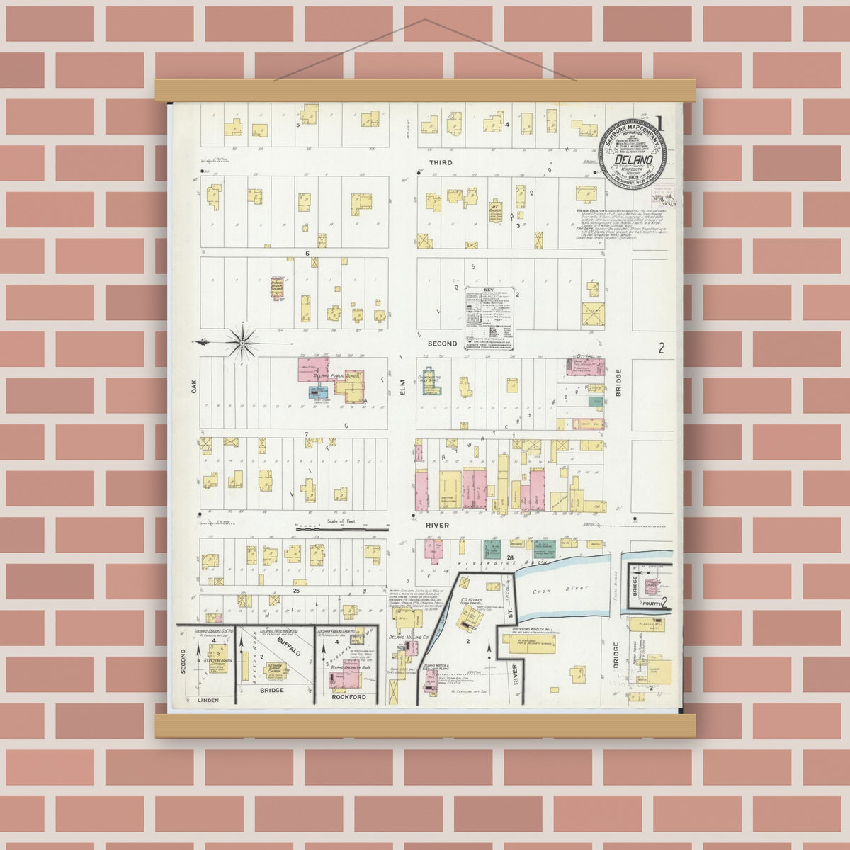 Old map wall art mockup — magnetic wood frame on brick wall — Sanborn Fire Insurance Map from Delano, Wright County, Minnesota (1909), Sheet #0001