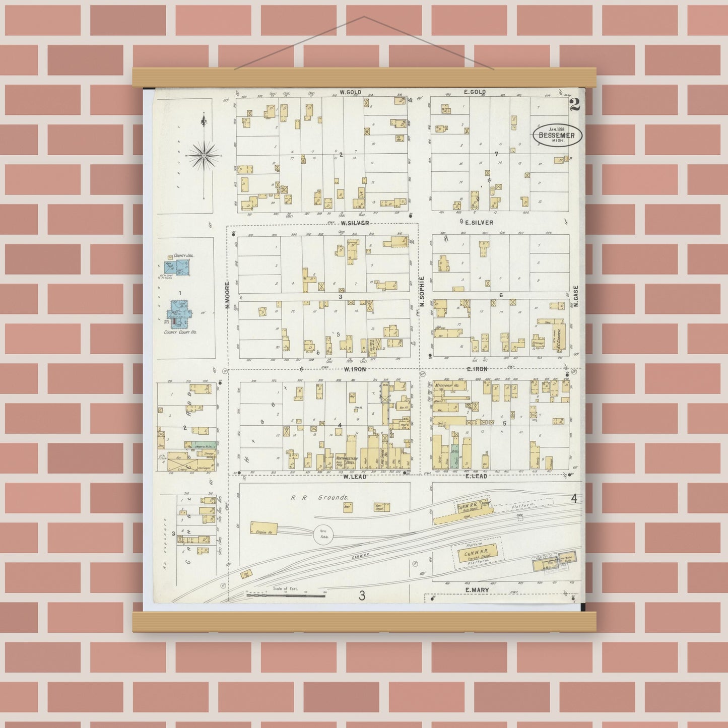 Old map wall art mockup — magnetic wood frame on brick wall — Sanborn Fire Insurance Map from Bessemer, Gogebic County, Michigan (1898), Sheet #0002