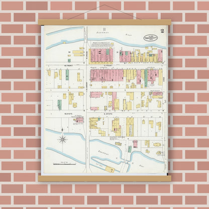 Old map wall art mockup — magnetic wood frame on brick wall — Sanborn Fire Insurance Map from Traverse City, Grand Traverse County, Michigan (1899), Sheet #0002