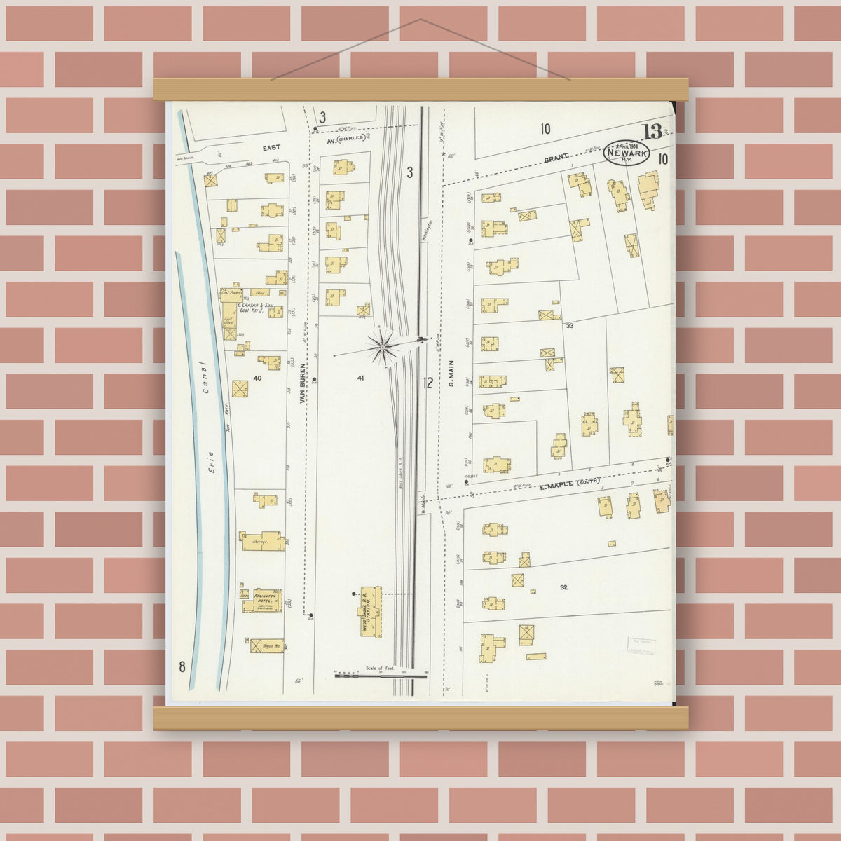 Old map wall art mockup — magnetic wood frame on brick wall — Sanborn Fire Insurance Map from Newark, Wayne County, New York (1906), Sheet #0013