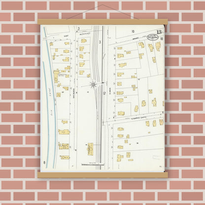 Old map wall art mockup — magnetic wood frame on brick wall — Sanborn Fire Insurance Map from Newark, Wayne County, New York (1906), Sheet #0013