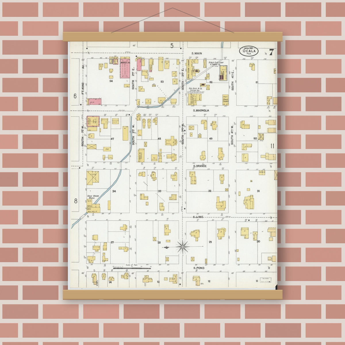 Old map wall art mockup — magnetic wood frame on brick wall — Sanborn Fire Insurance Map from Ocala, Marion County, Florida (1901), Sheet #0007
