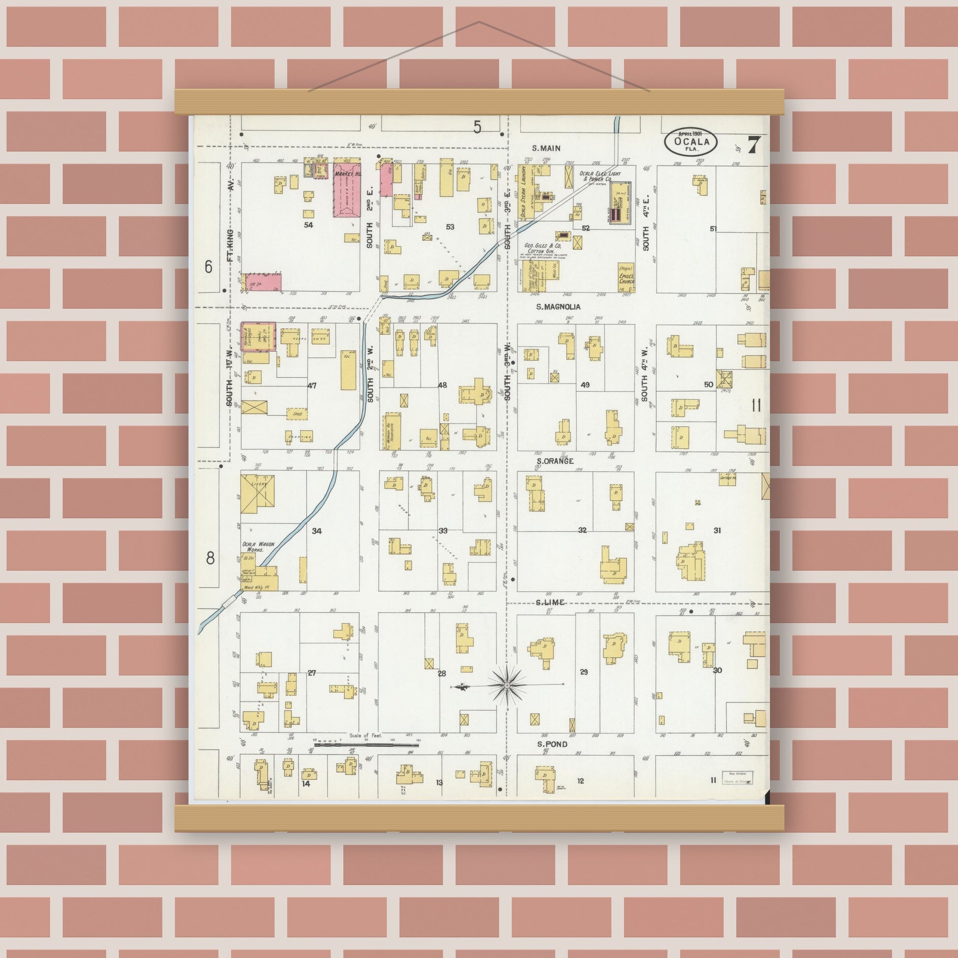 Old map wall art mockup — magnetic wood frame on brick wall — Sanborn Fire Insurance Map from Ocala, Marion County, Florida (1901), Sheet #0007