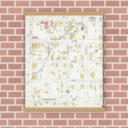 Old map wall art mockup — magnetic wood frame on brick wall — Sanborn Fire Insurance Map from Ocala, Marion County, Florida (1901), Sheet #0007