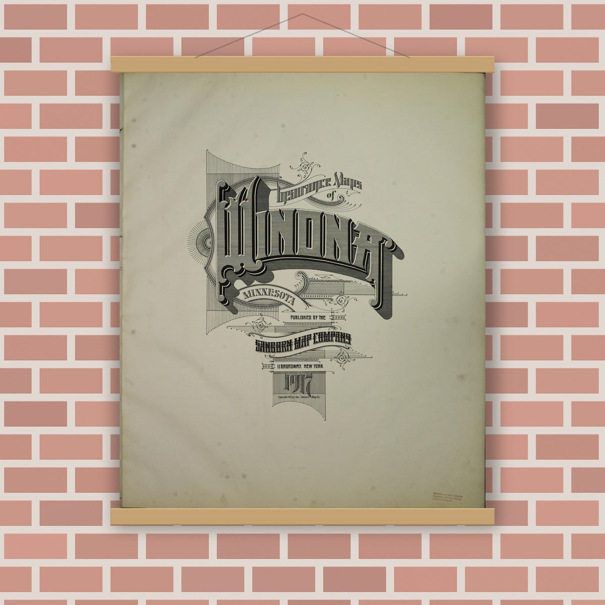 Old map wall art mockup — magnetic wood frame on brick wall — Sanborn Fire Insurance Map from Winona, Winona County, Minnesota (1917), Sheet #0001