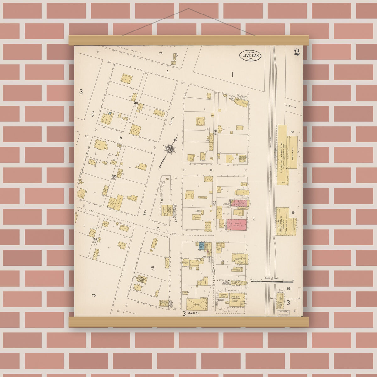 Old map wall art mockup — magnetic wood frame on brick wall — Sanborn Fire Insurance Map from Live Oak, Sutter County, California (1914), Sheet #0002