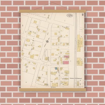 Old map wall art mockup — magnetic wood frame on brick wall — Sanborn Fire Insurance Map from Live Oak, Sutter County, California (1914), Sheet #0002