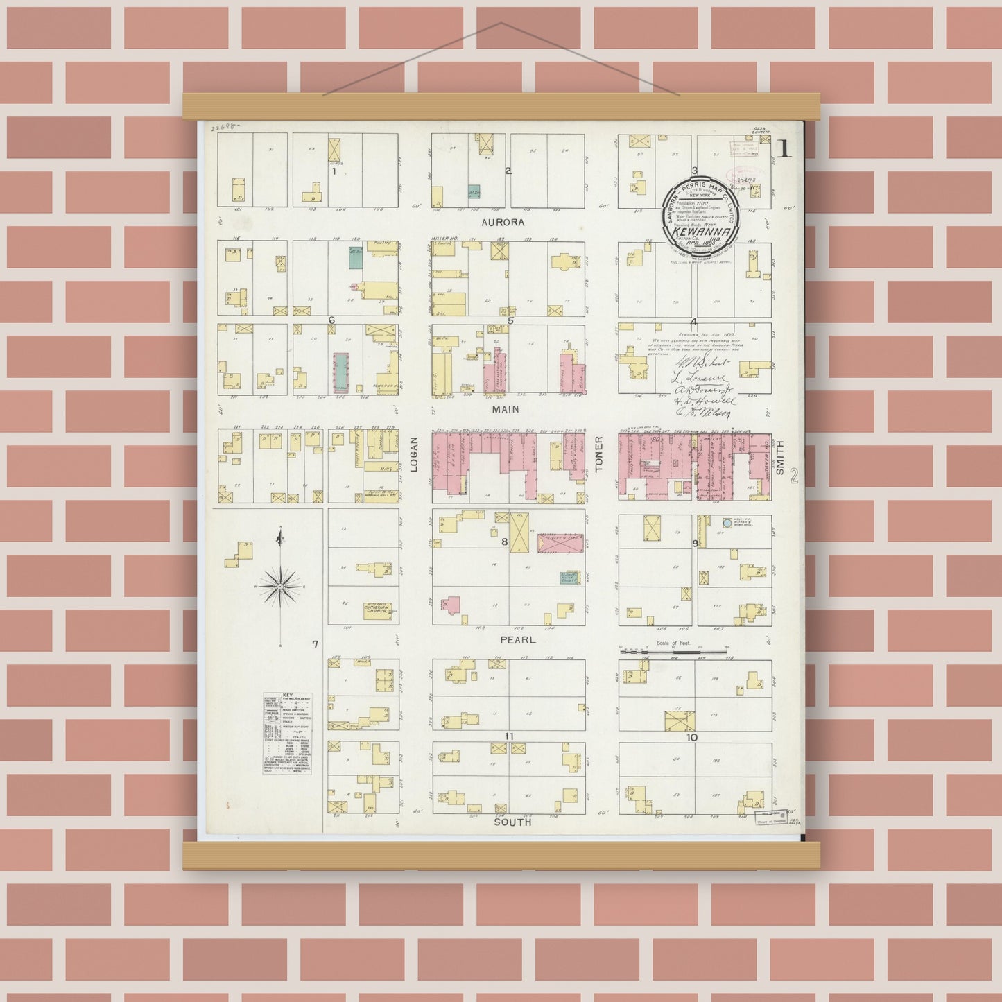 Old map wall art mockup — magnetic wood frame on brick wall — Sanborn Fire Insurance Map from Kewanna, Fulton County, Indiana (1893), Sheet #0001