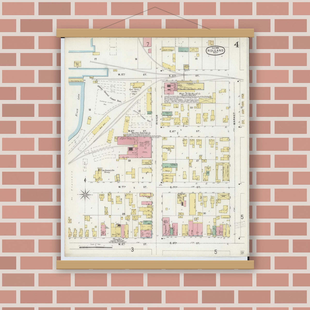Old map wall art mockup — magnetic wood frame on brick wall — Sanborn Fire Insurance Map from Holland, Ottawa County, Michigan (1896), Sheet #0004
