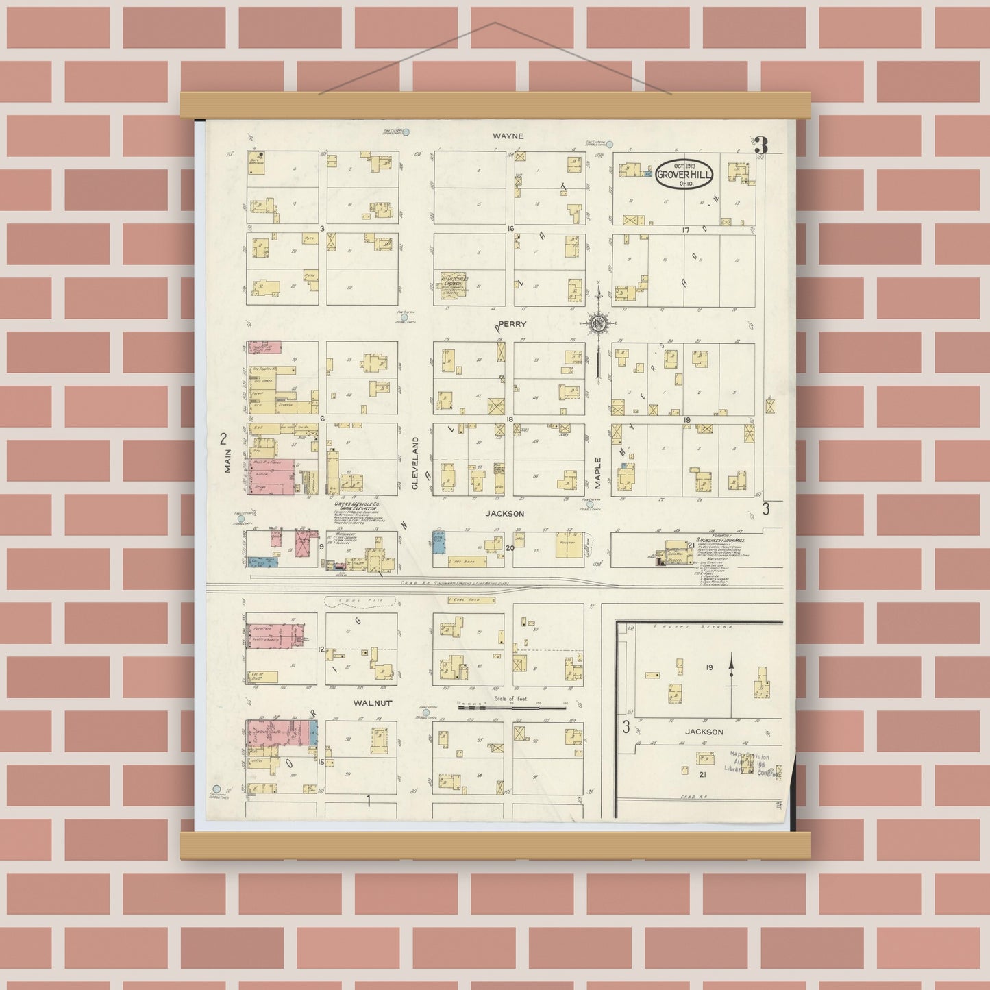 Old map wall art mockup — magnetic wood frame on brick wall — Sanborn Fire Insurance Map from Grover Hill, Paulding County, Ohio (1913), Sheet #0003