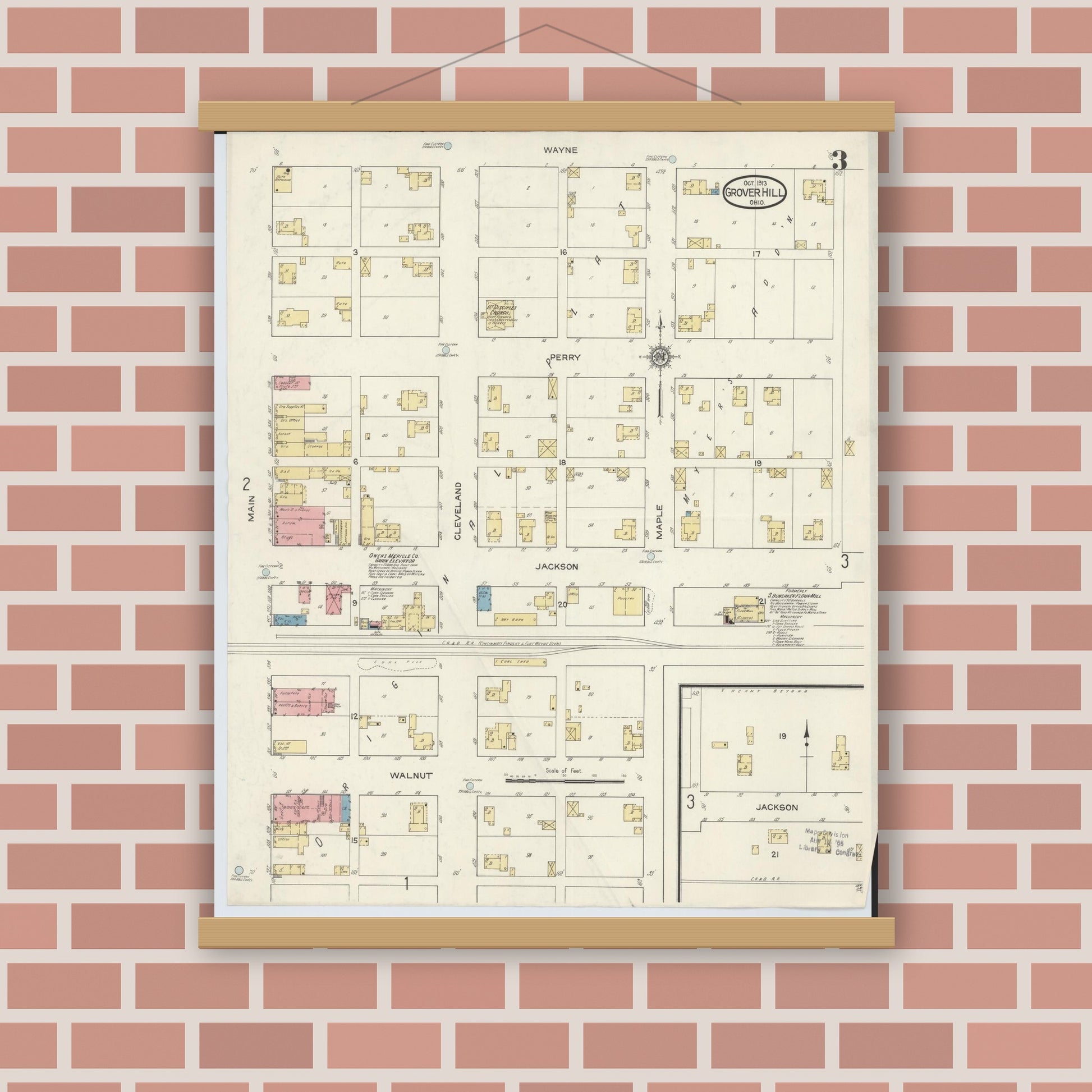 Old map wall art mockup — magnetic wood frame on brick wall — Sanborn Fire Insurance Map from Grover Hill, Paulding County, Ohio (1913), Sheet #0003