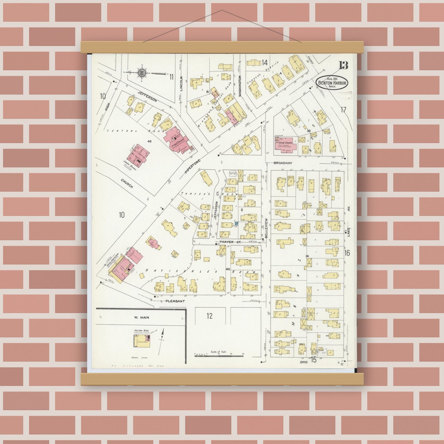 Old map wall art mockup — magnetic wood frame on brick wall — Sanborn Fire Insurance Map from Benton Harbor, Berrien County, Michigan (1911), Sheet #0013