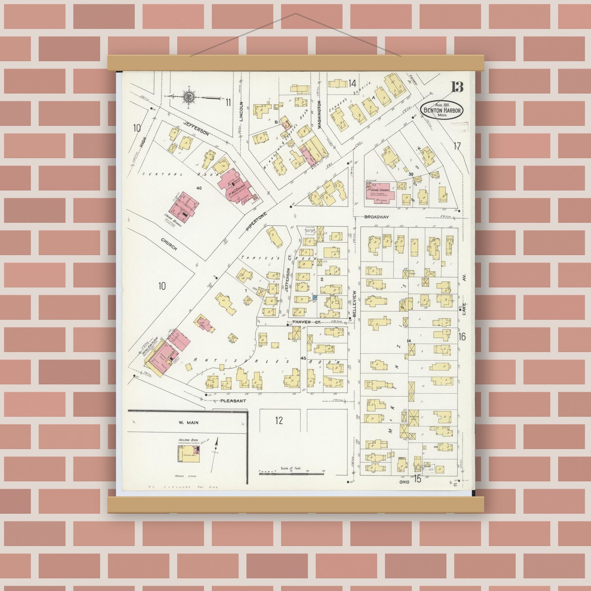 Old map wall art mockup — magnetic wood frame on brick wall — Sanborn Fire Insurance Map from Benton Harbor, Berrien County, Michigan (1911), Sheet #0013