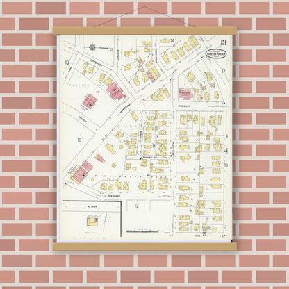Old map wall art mockup — magnetic wood frame on brick wall — Sanborn Fire Insurance Map from Benton Harbor, Berrien County, Michigan (1911), Sheet #0013