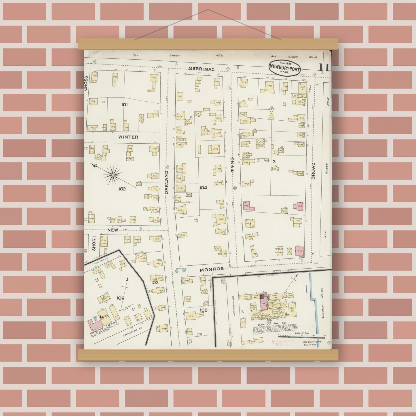 Old map wall art mockup — magnetic wood frame on brick wall — Sanborn Fire Insurance Map from Newburyport, Essex County, Massachusetts (1888), Sheet #0011