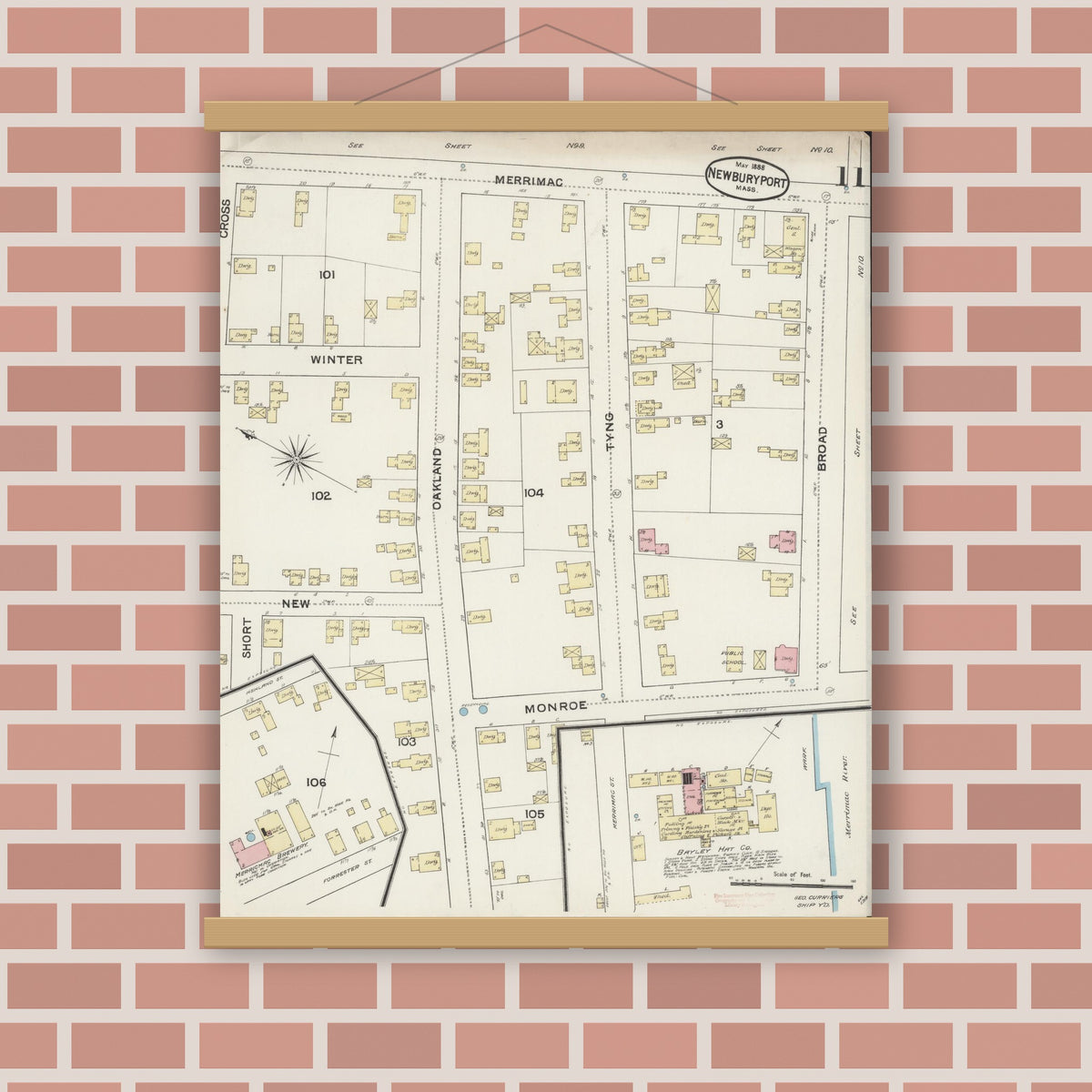Old map wall art mockup — magnetic wood frame on brick wall — Sanborn Fire Insurance Map from Newburyport, Essex County, Massachusetts (1888), Sheet #0011
