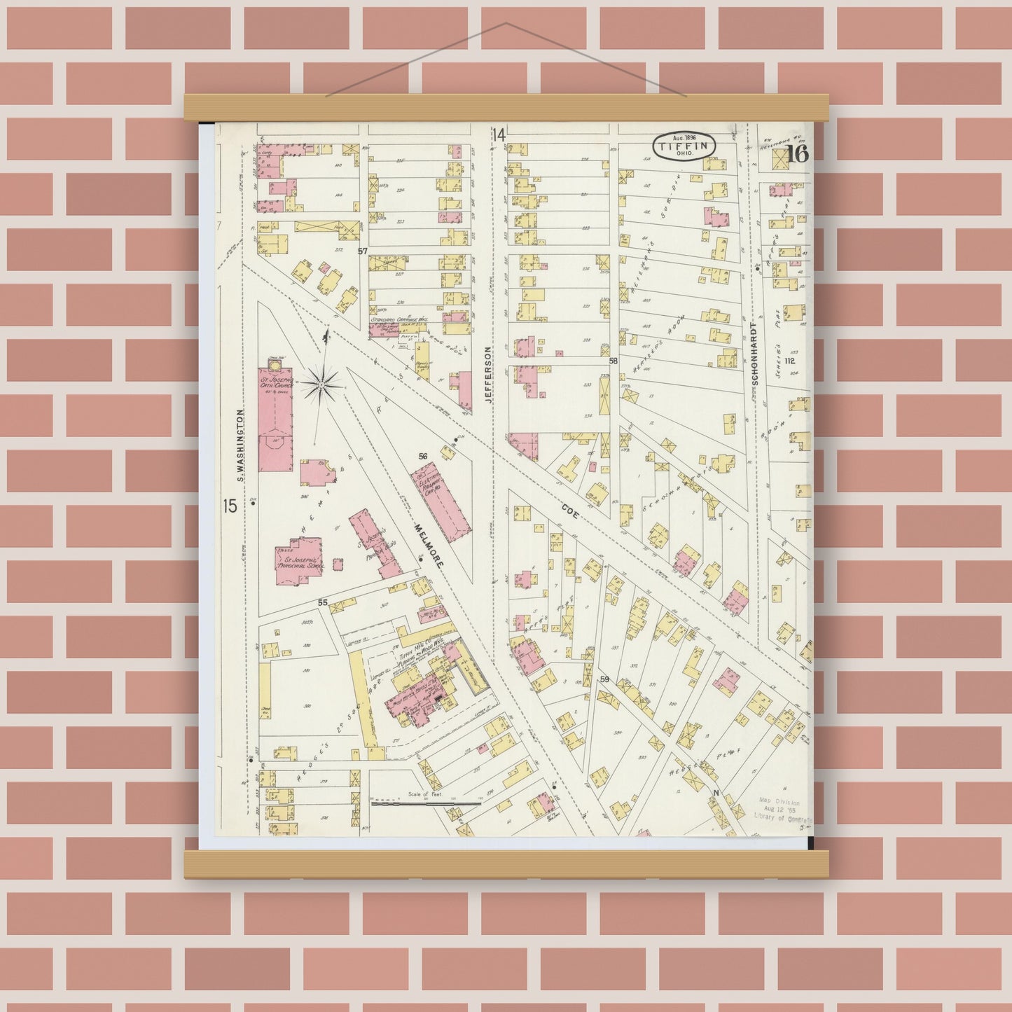 Old map wall art mockup — magnetic wood frame on brick wall — Sanborn Fire Insurance Map from Tiffin, Seneca County, Ohio (1896), Sheet #0016
