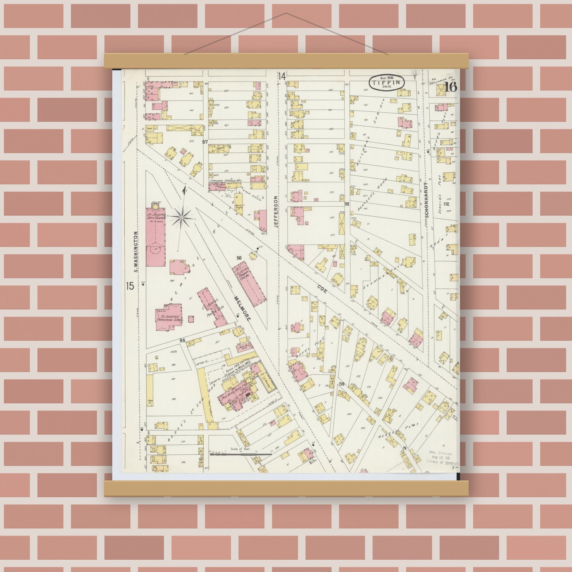 Old map wall art mockup — magnetic wood frame on brick wall — Sanborn Fire Insurance Map from Tiffin, Seneca County, Ohio (1896), Sheet #0016