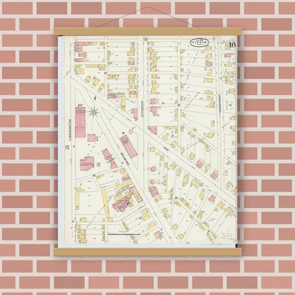 Old map wall art mockup — magnetic wood frame on brick wall — Sanborn Fire Insurance Map from Tiffin, Seneca County, Ohio (1896), Sheet #0016