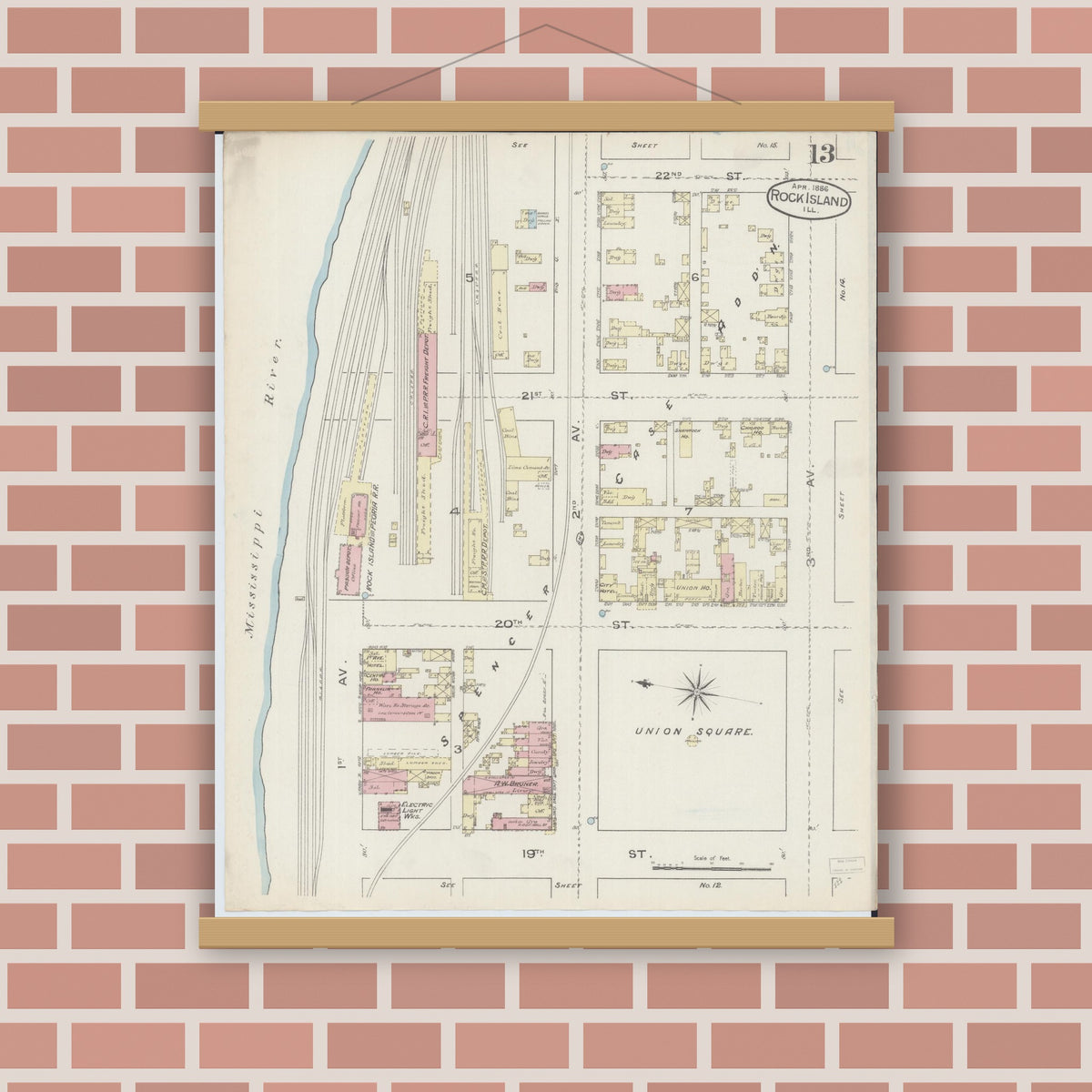 Old map wall art mockup — magnetic wood frame on brick wall — Sanborn Fire Insurance Map from Rock Island, Rock Island County, Illinois (1886), Sheet #0013