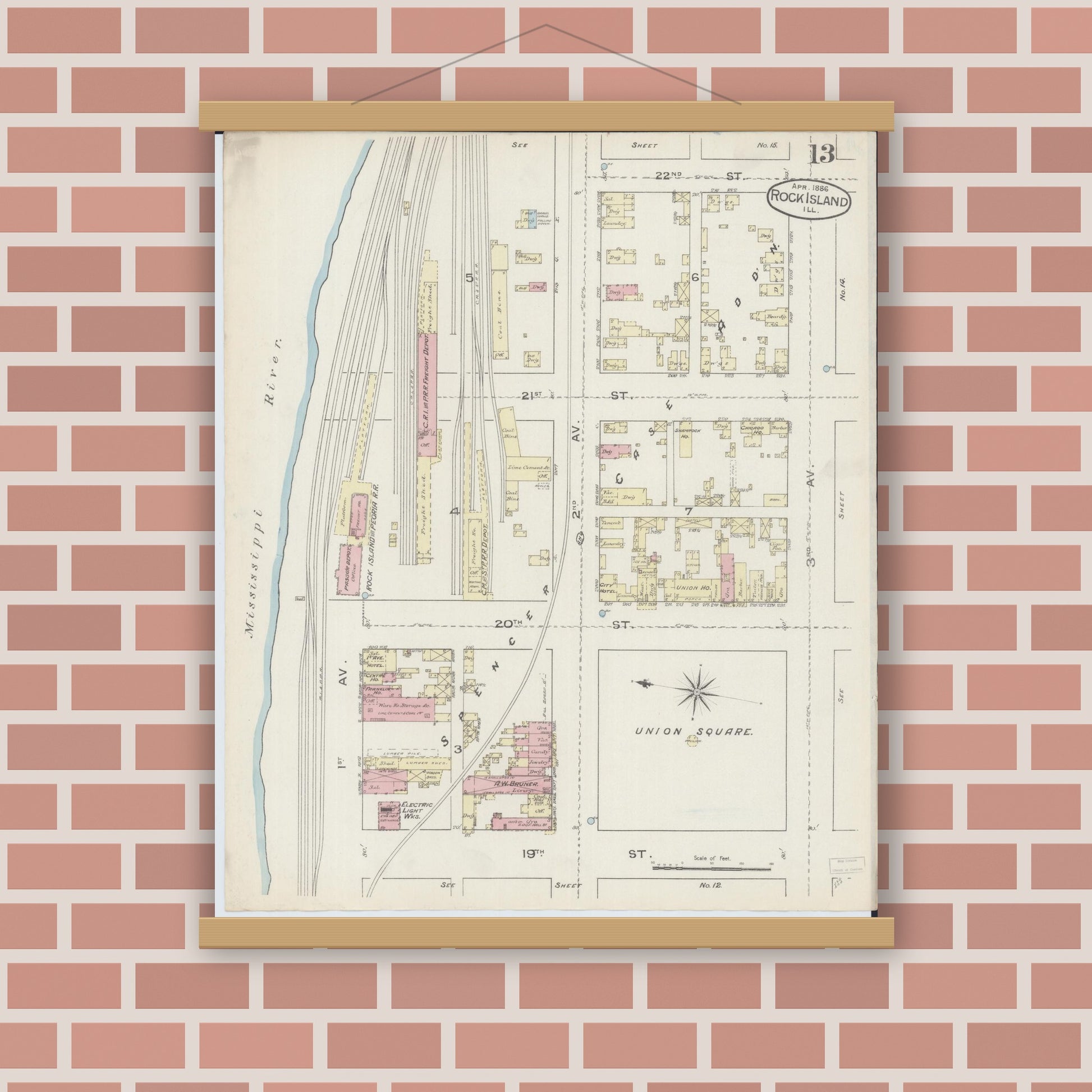 Old map wall art mockup — magnetic wood frame on brick wall — Sanborn Fire Insurance Map from Rock Island, Rock Island County, Illinois (1886), Sheet #0013
